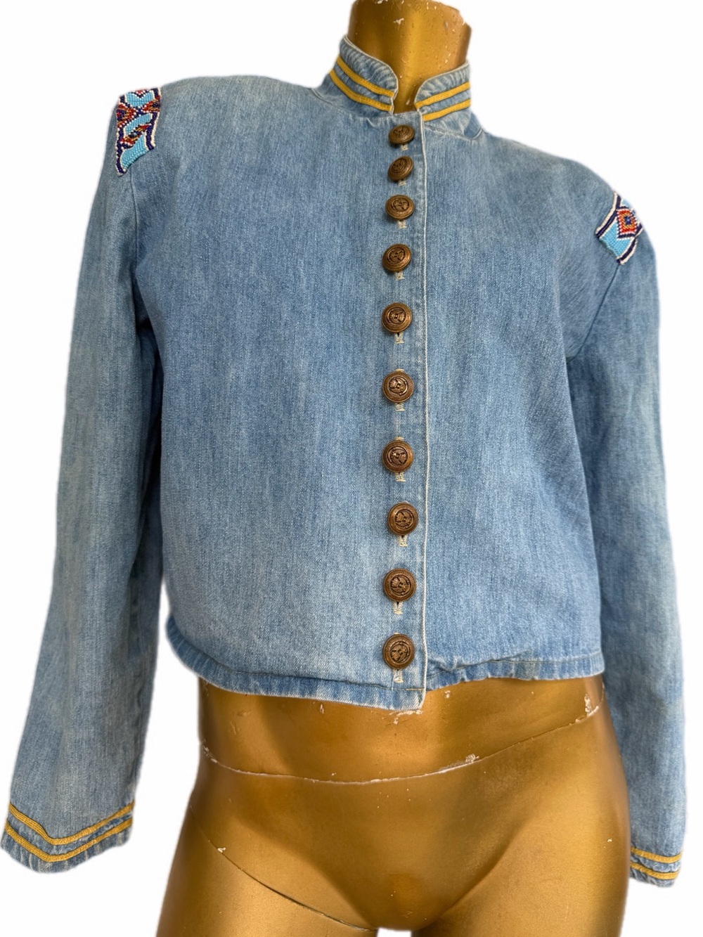 Double D Ranch military inspired/Southwestern Beaded Denim Jacket size S, USA